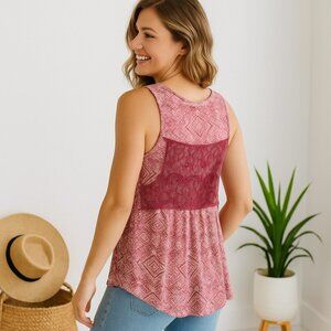 Daytrip Boho Pink Lace Back Tank Top Size XL Scoop Neck Feminine Summer Fairy
